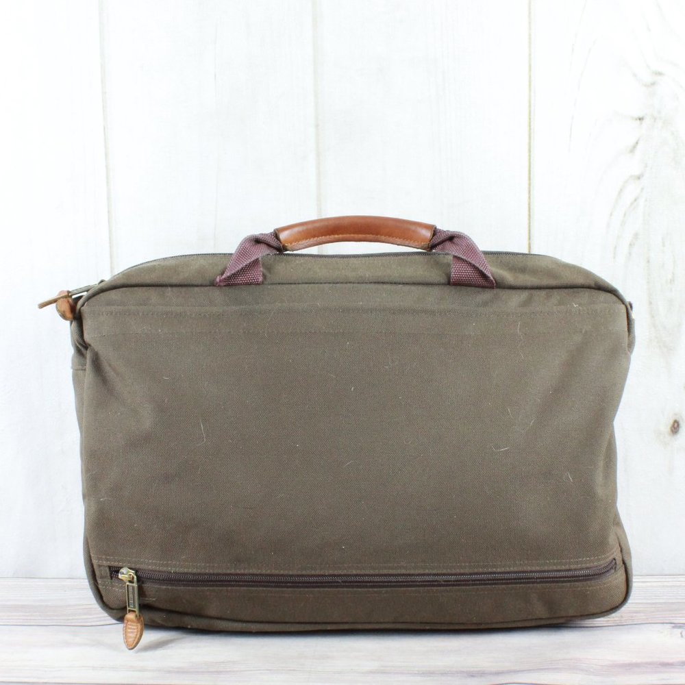 LL Bean Green Leather Brown Trim Embroidered "JGP" Messenger Bag Work - Picture 9 of 11